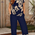 Women's Elegant Short Sleeve Capri Pants Set - Tropical Print Style   OAXG Navy Color / S