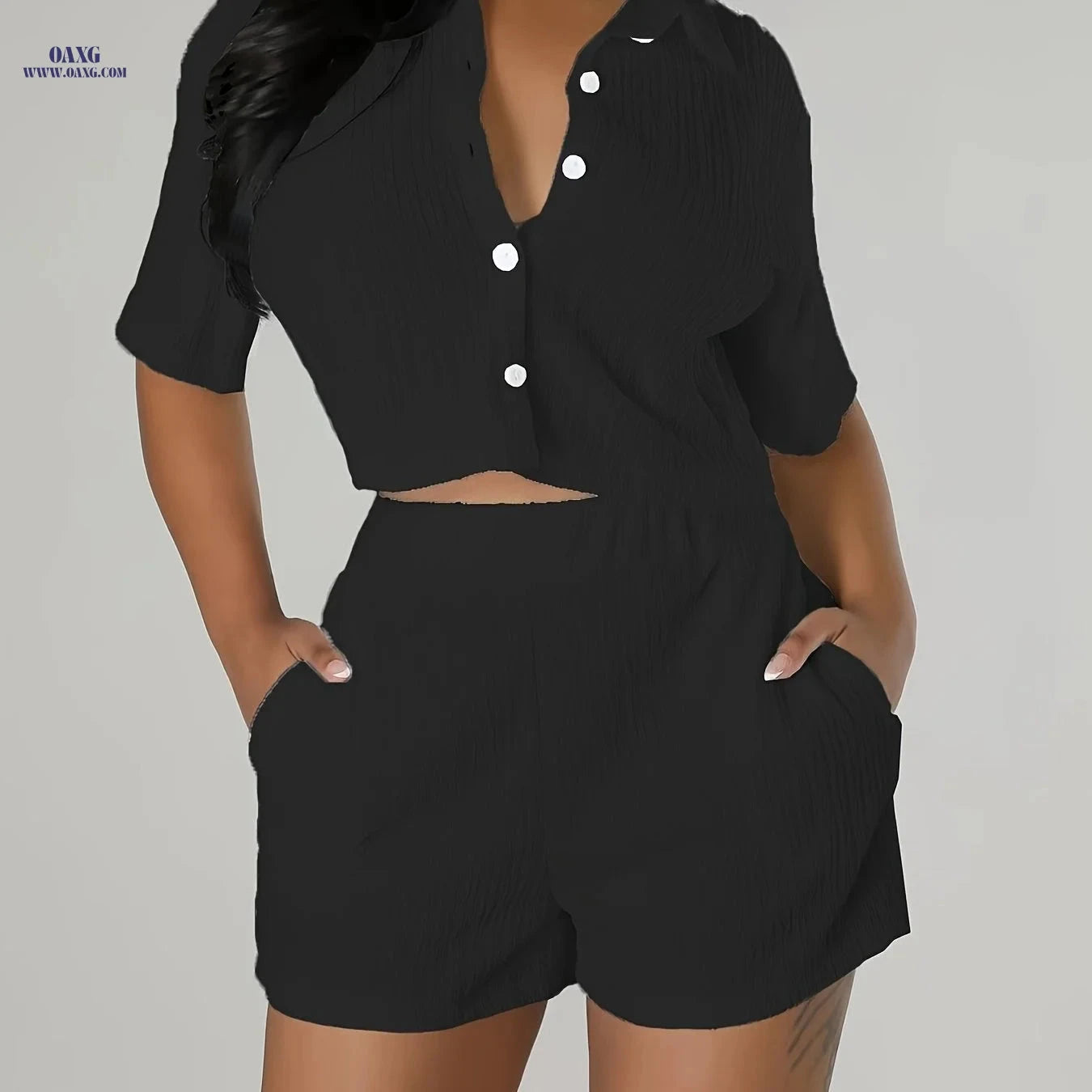 Women’s Elegant Short Sleeve Shirt & Casual Shorts 2-Piece Set   OAXG 