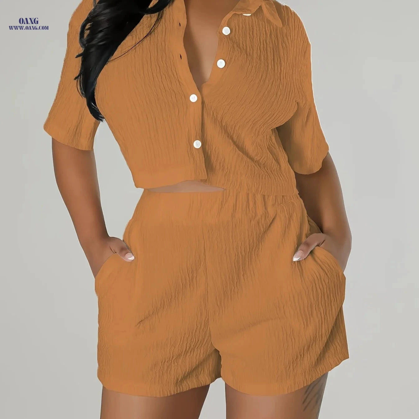 Women’s Elegant Short Sleeve Shirt & Casual Shorts 2-Piece Set   OAXG 