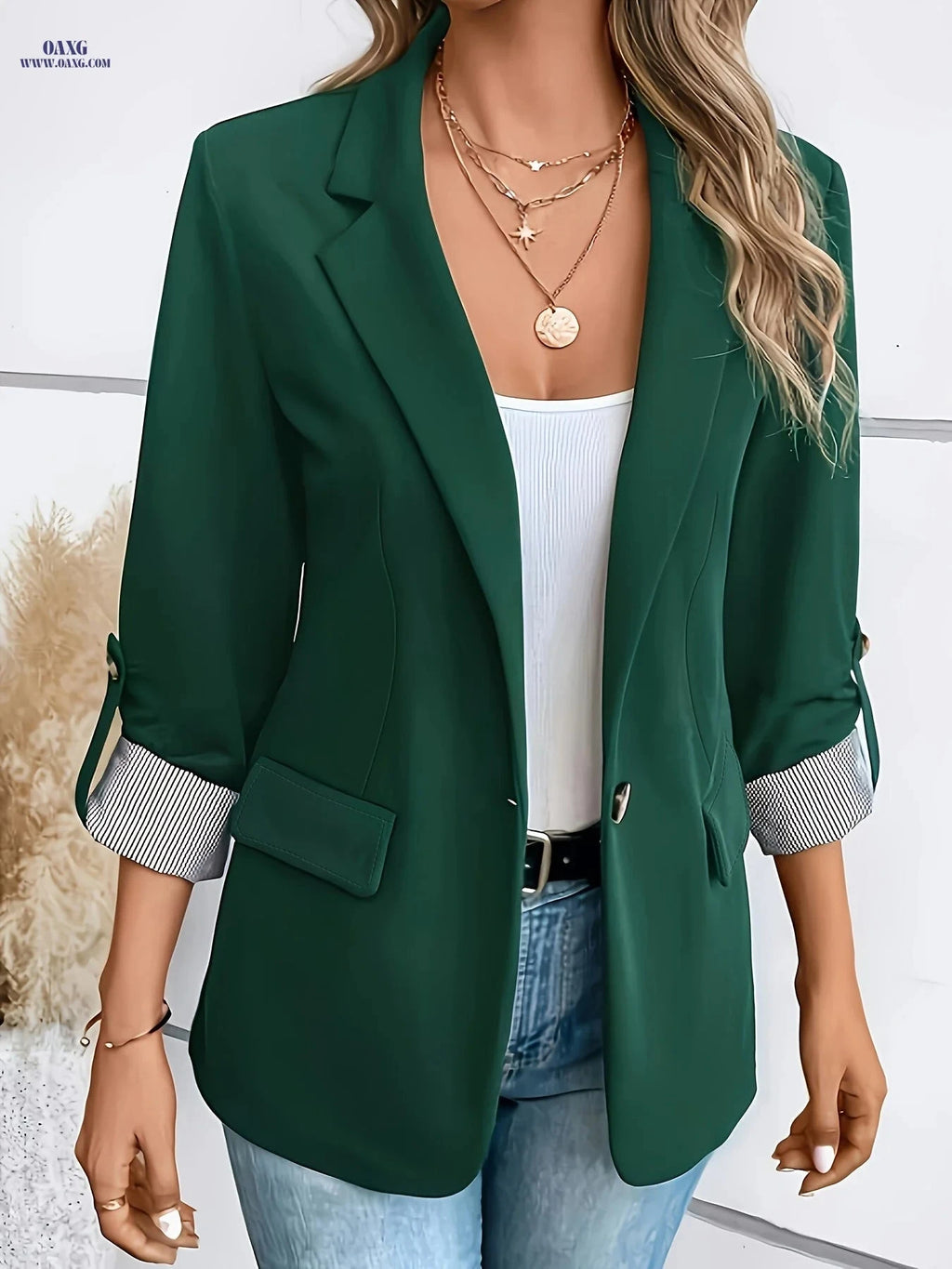Women's Elegant Single Button Blazer - Three-Quarter Sleeve Jacket   OAXG 