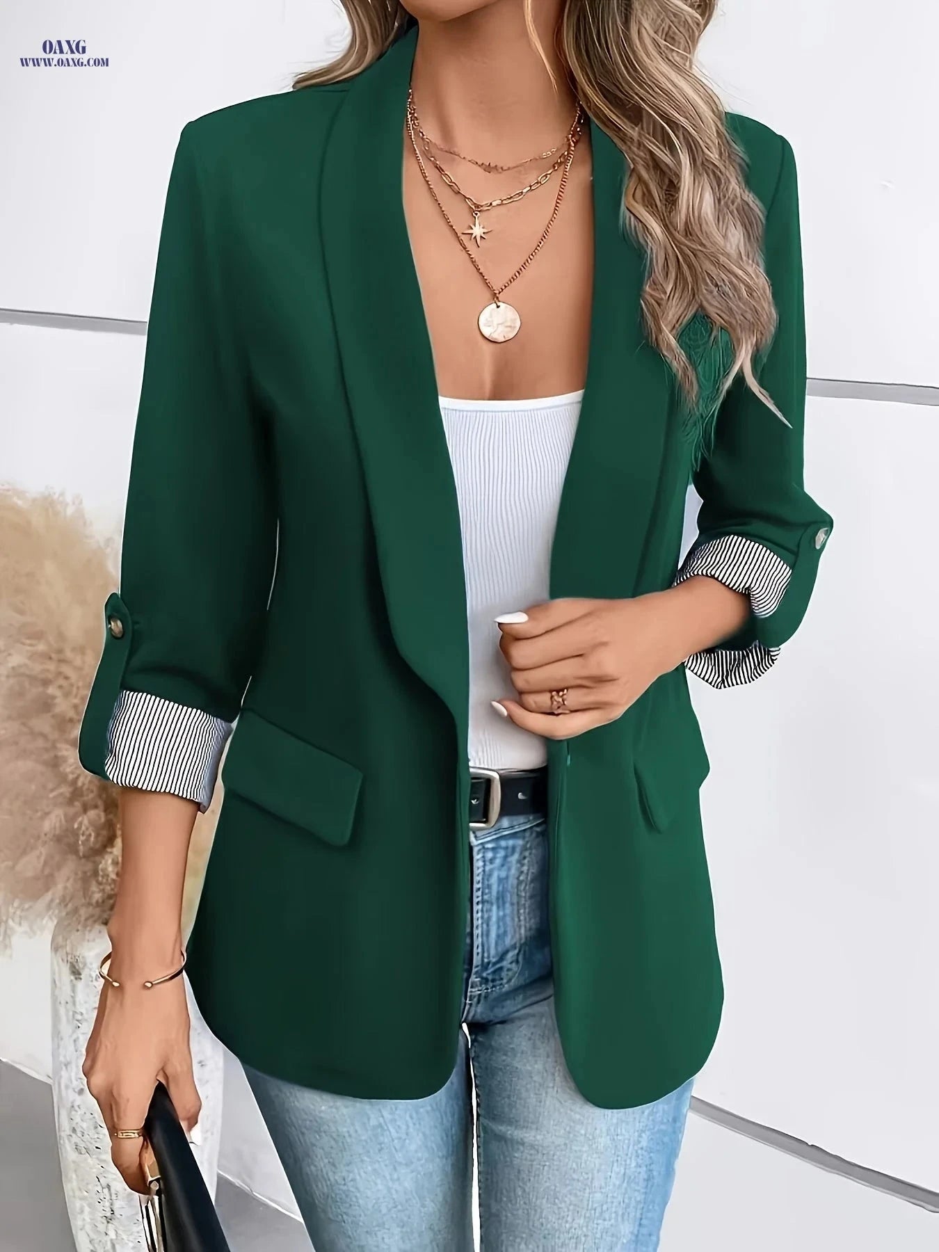 Women's Elegant Single Button Blazer - Three-Quarter Sleeve Jacket   OAXG 