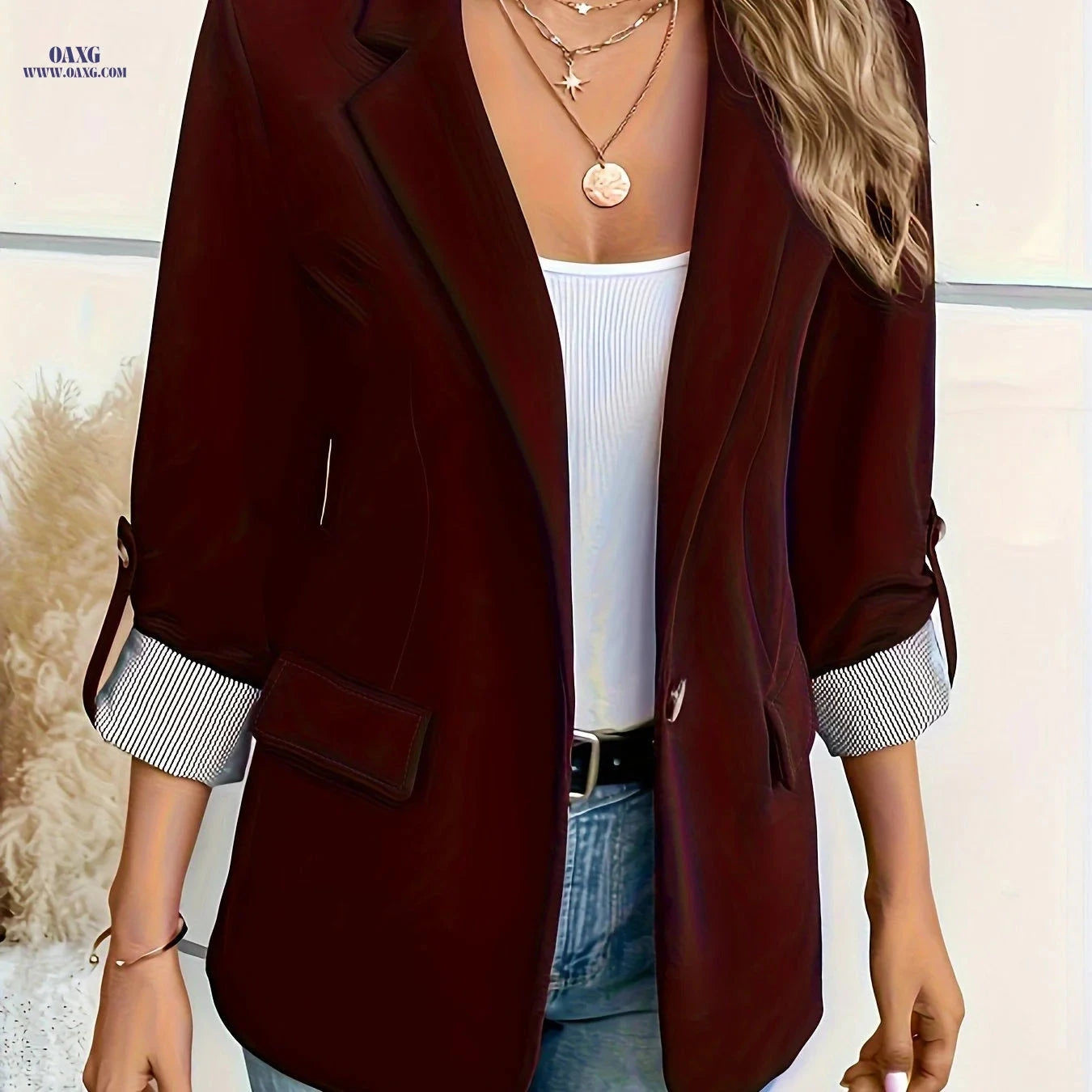 Women's Elegant Single Button Blazer - Three-Quarter Sleeve Jacket   OAXG Navy Color / S