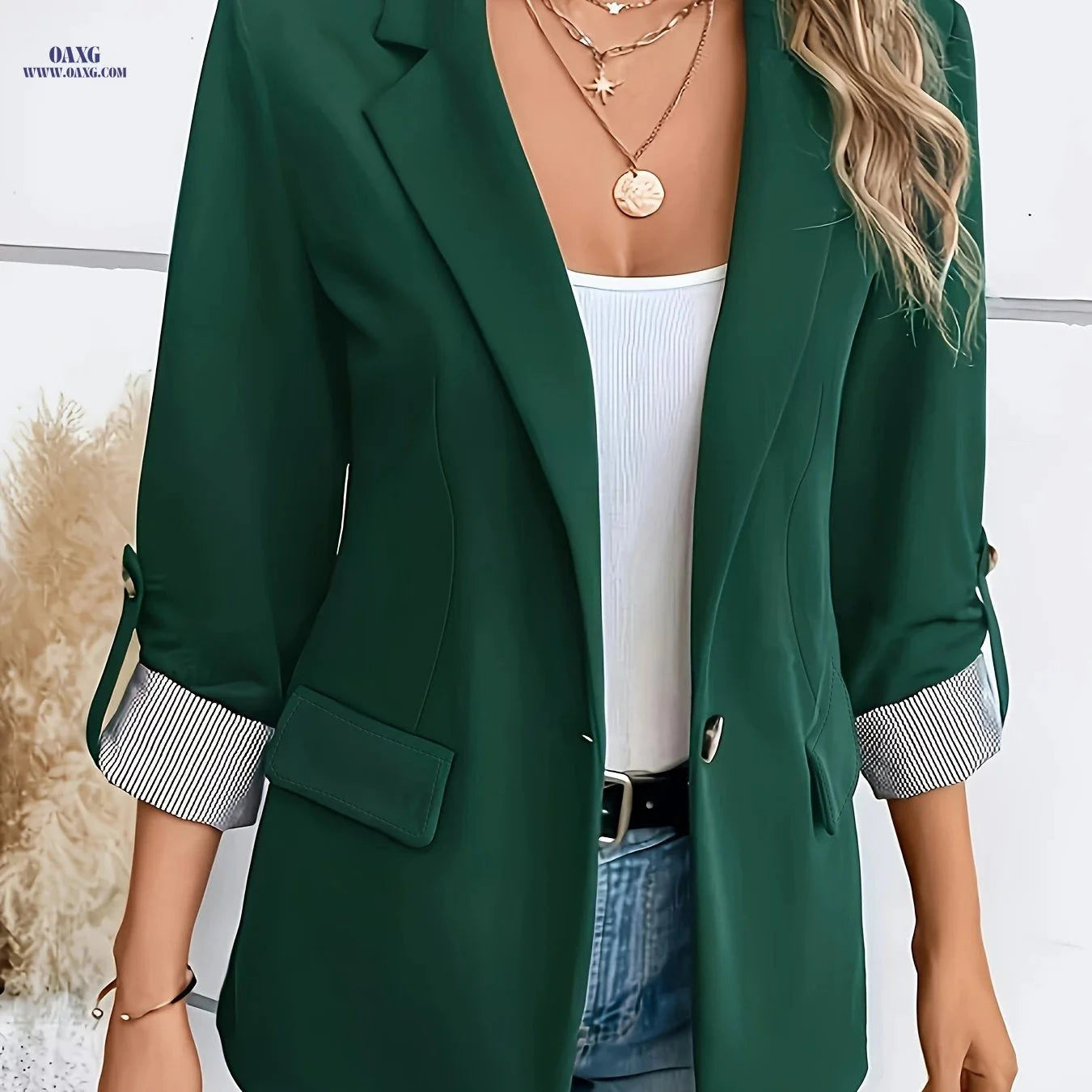 Women's Elegant Single Button Blazer - Three-Quarter Sleeve Jacket   OAXG Navy Color / S
