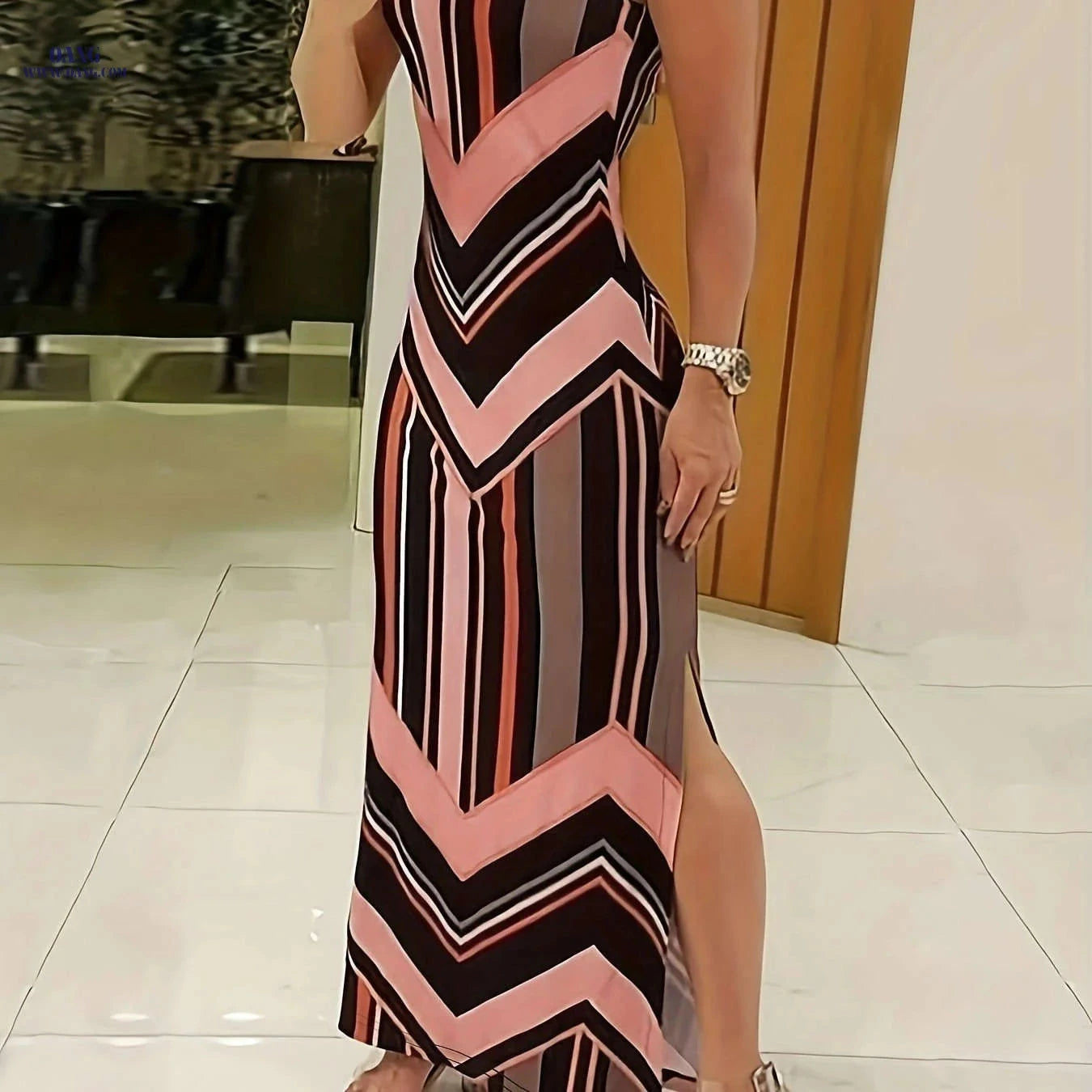 Women's Elegant Sleeveless Maxi Dress - Chic Geometric Pattern Style   OAXG Green / S