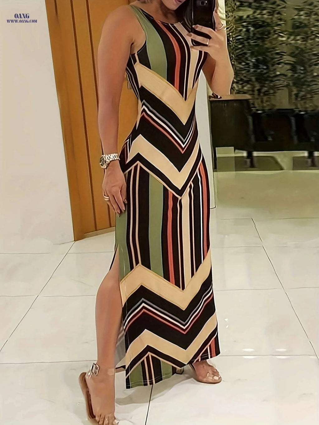 Women's Elegant Sleeveless Maxi Dress - Chic Geometric Pattern Style   OAXG Green / S