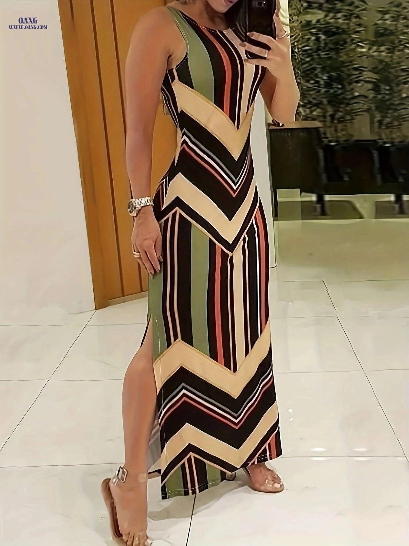 Women's Elegant Sleeveless Maxi Dress - Chic Geometric Pattern Style   OAXG Green / S