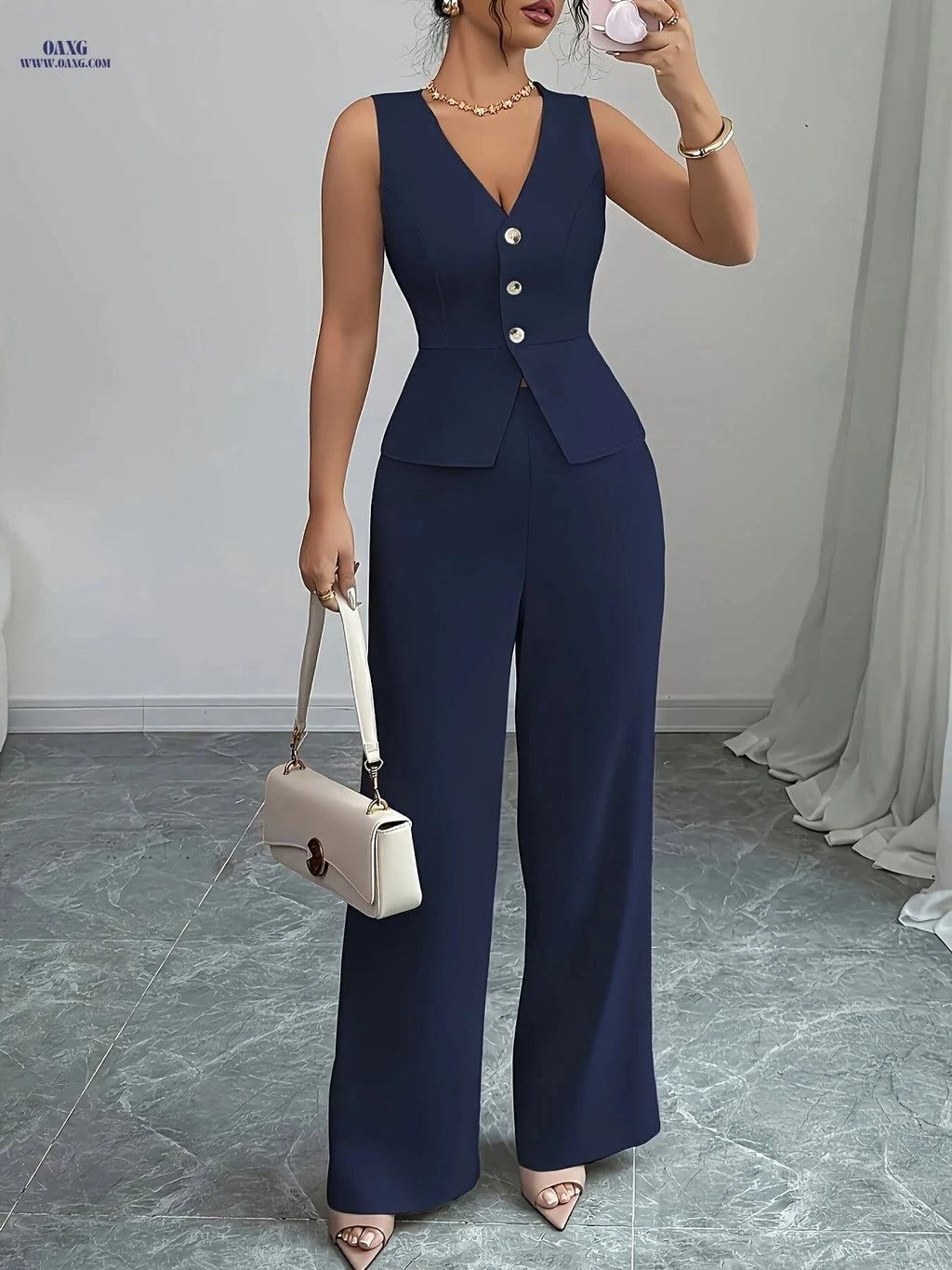 Women's Elegant Sleeveless Vest and Pants Set - Casual Spring Style   OAXG 