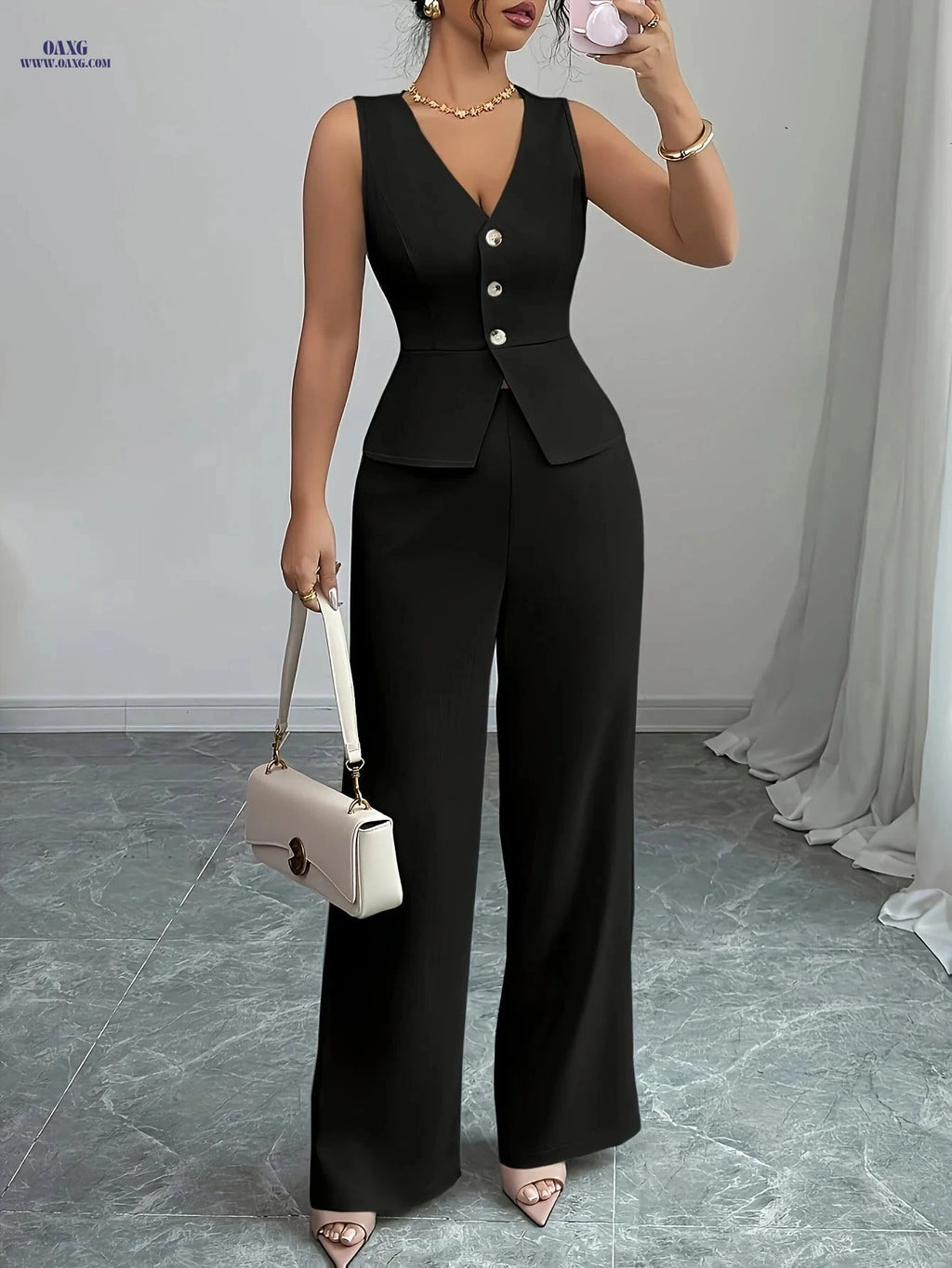 Women's Elegant Sleeveless Vest and Pants Set - Casual Spring Style   OAXG 