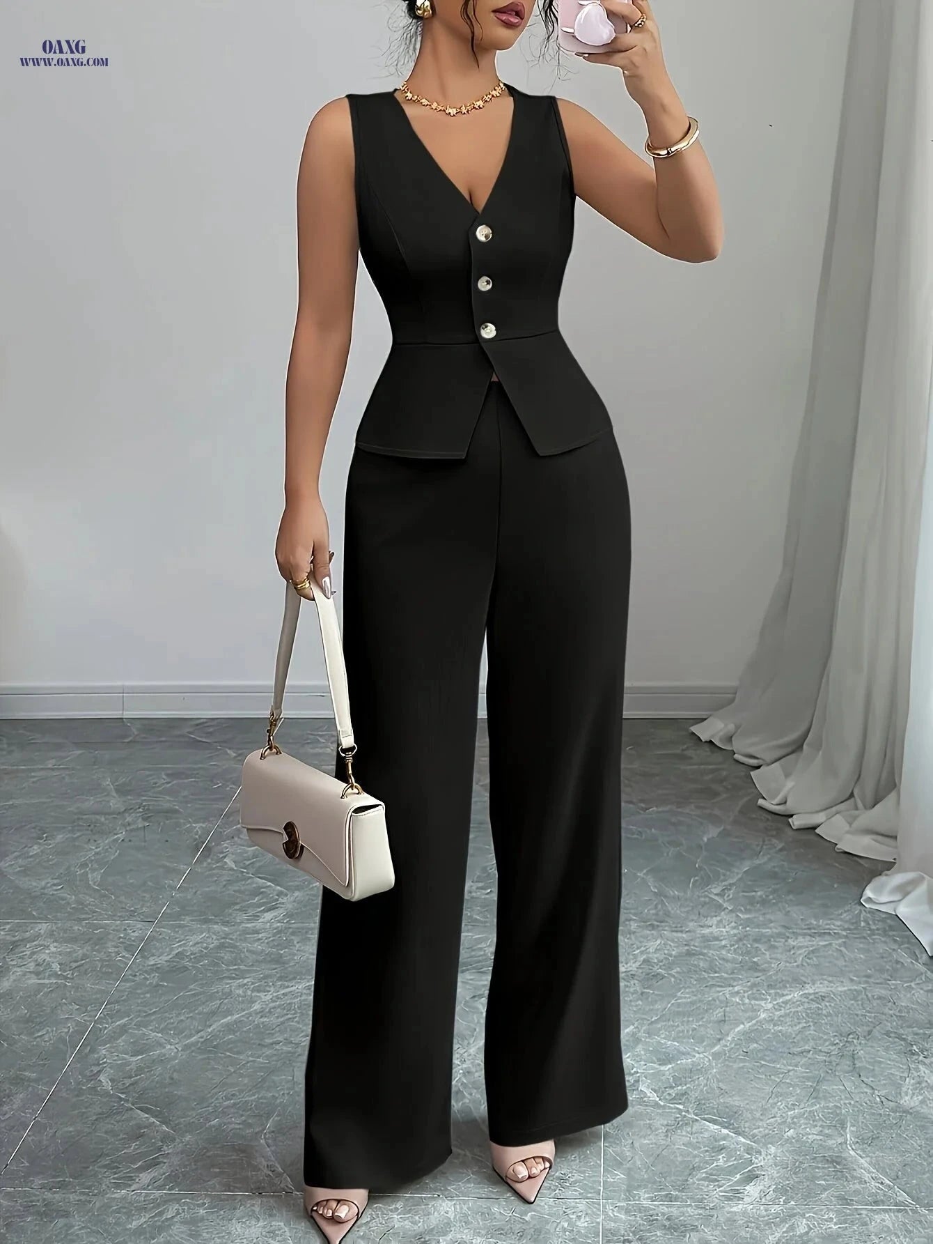 Women's Elegant Sleeveless Vest and Pants Set - Casual Spring Style   OAXG 