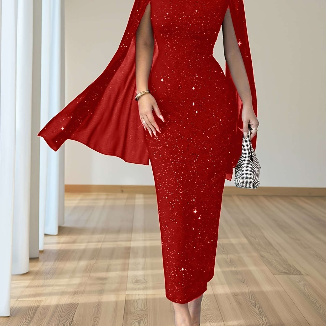 Women's Elegant Slim-Fit Midi Dress with Starry Sky Print & Slit Sleeves   OAXG 