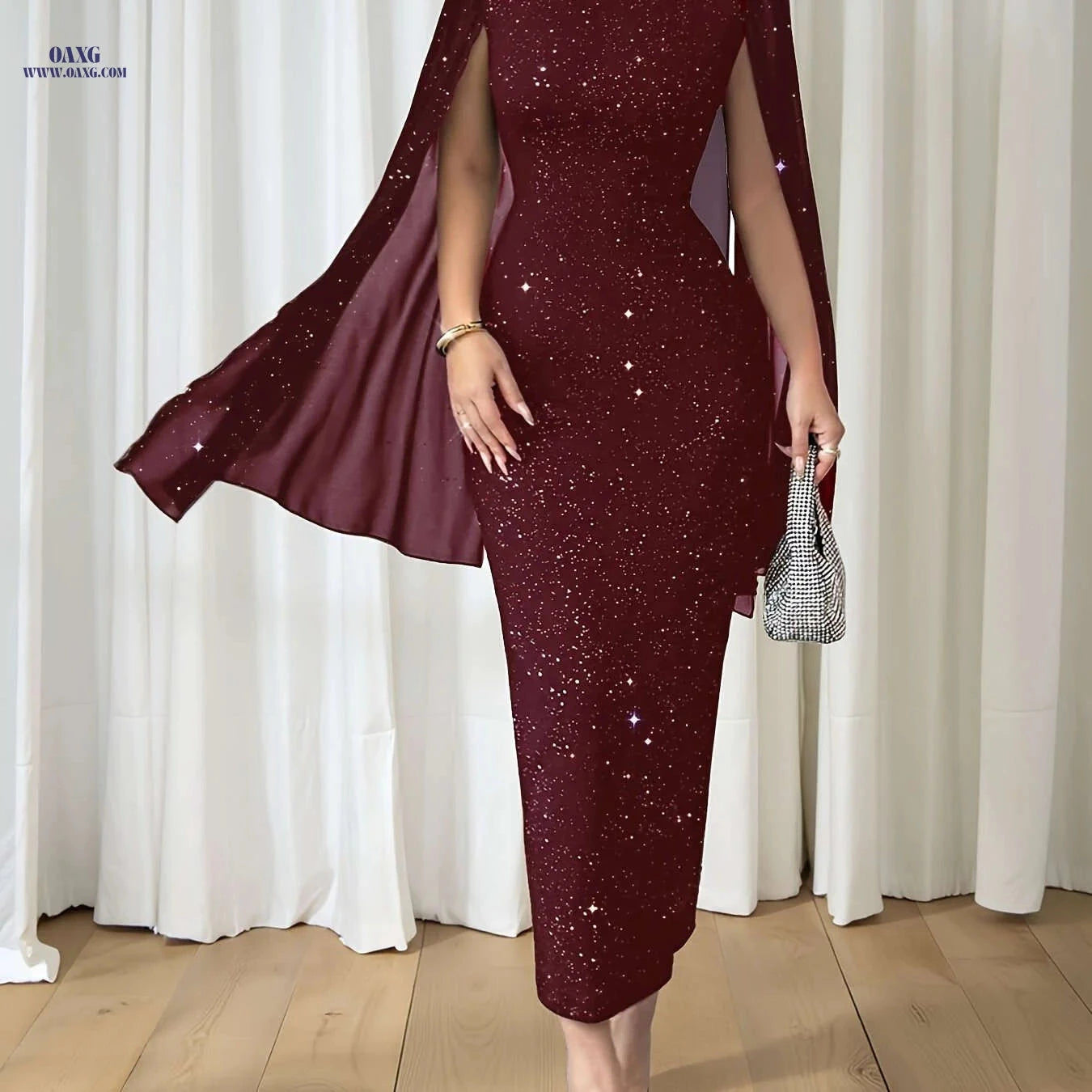 Women's Elegant Slim-Fit Midi Dress with Starry Sky Print & Slit Sleeves   OAXG Black / XS