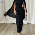 Women's Elegant Slim-Fit Midi Dress with Starry Sky Print & Slit Sleeves   OAXG Black / XS