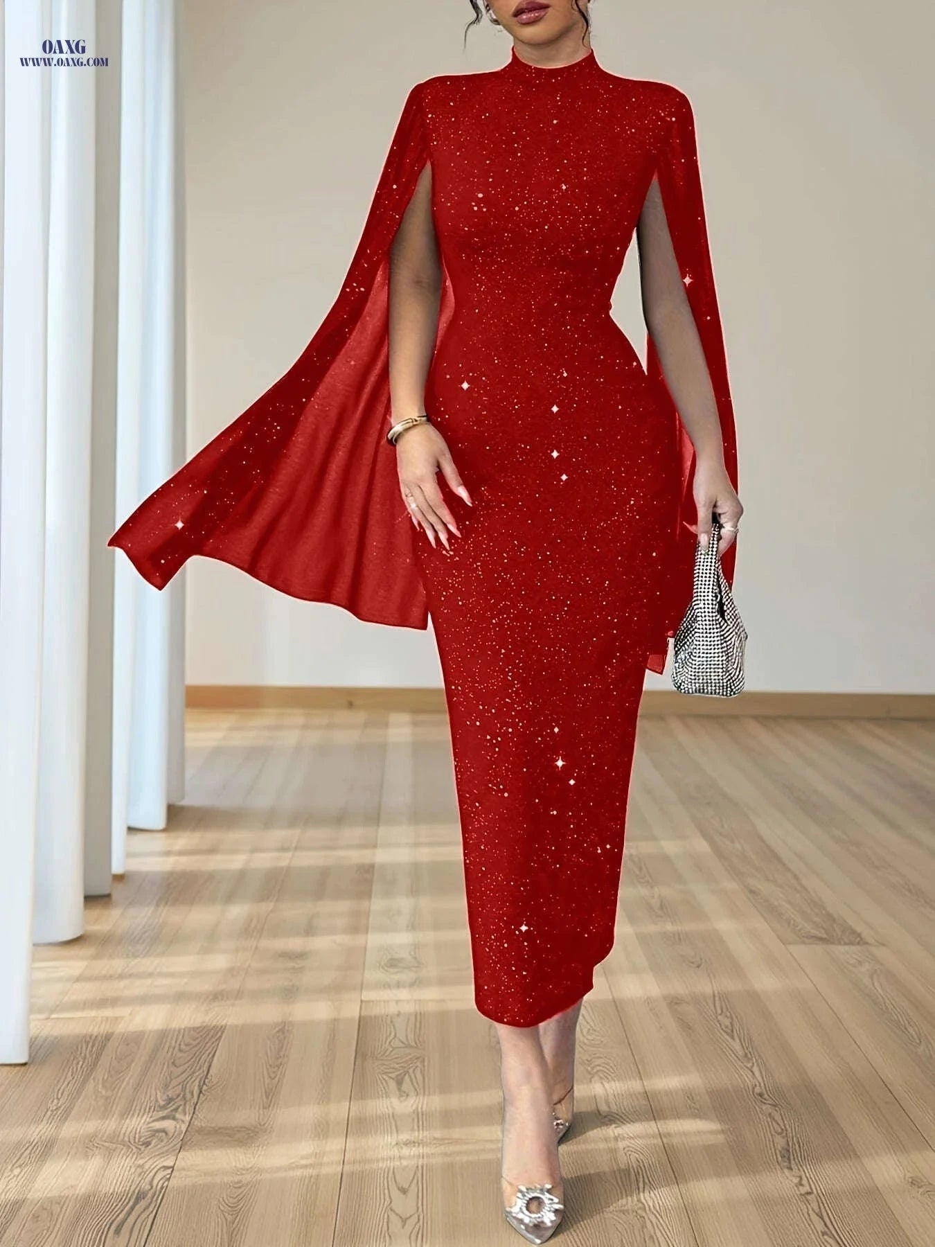 Women's Elegant Slim-Fit Midi Dress with Starry Sky Print & Slit Sleeves   OAXG 