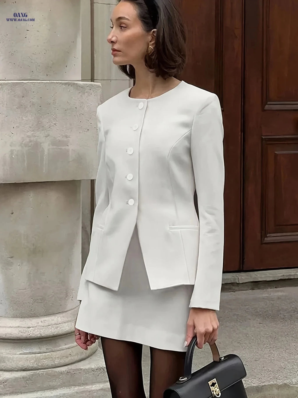 Women's Elegant Solid Color Button Suit - Lightweight, Long Sleeve   OAXG White / XS