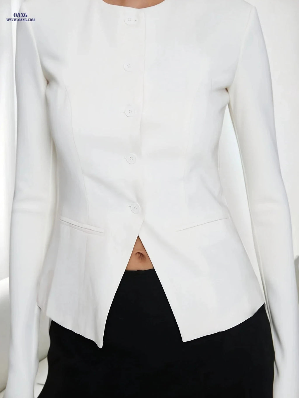 Women's Elegant Solid Color Button Suit - Lightweight, Long Sleeve   OAXG White / XS