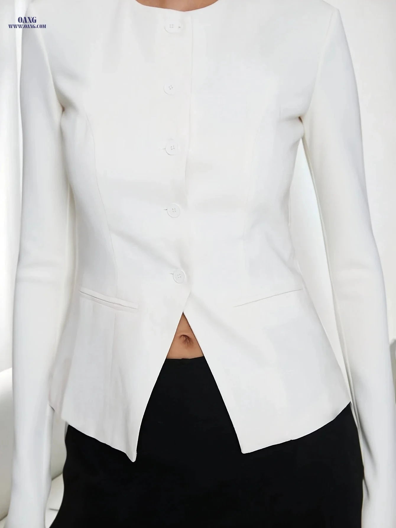 Women's Elegant Solid Color Button Suit - Lightweight, Long Sleeve   OAXG White / XS