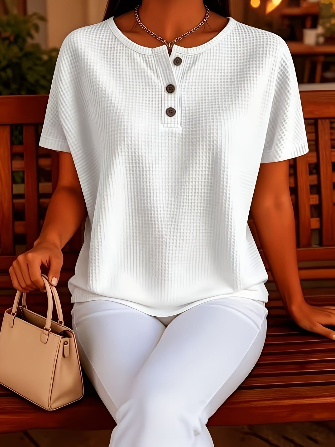 Women's Elegant Solid Color Waffle Crew Neck Button- Short Sleeve T-Shirt Top   OAXG White / S