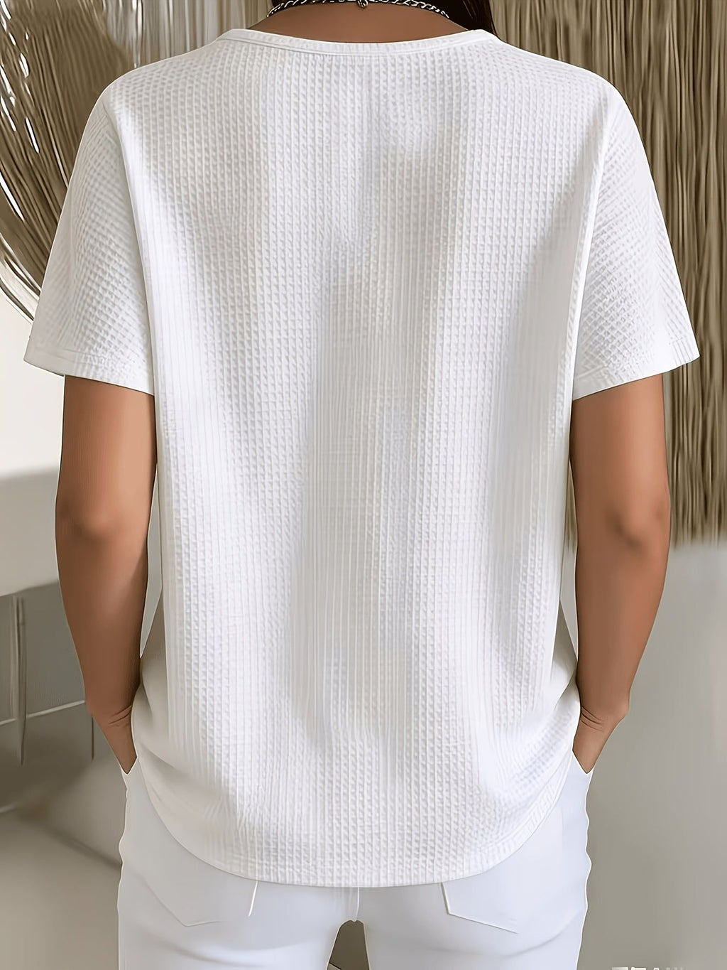 Women's Elegant Solid Color Waffle Crew Neck Button- Short Sleeve T-Shirt Top   OAXG White / S