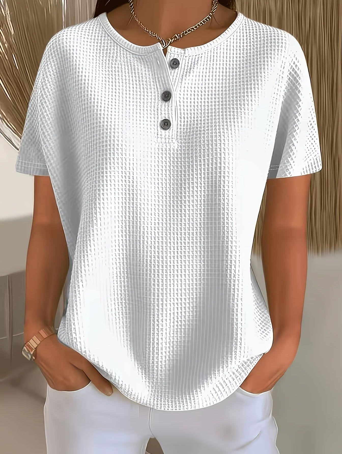 Women's Elegant Solid Color Waffle Crew Neck Button- Short Sleeve T-Shirt Top   OAXG White / S