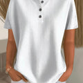 Women's Elegant Solid Color Waffle Crew Neck Button- Short Sleeve T-Shirt Top   OAXG White / S