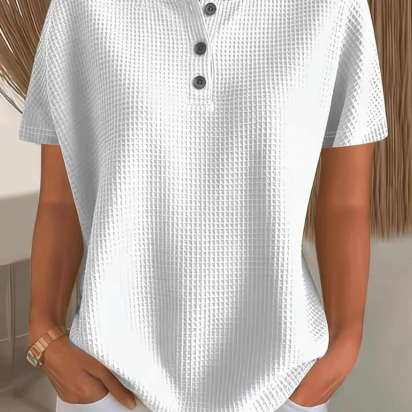 Women's Elegant Solid Color Waffle Crew Neck Button- Short Sleeve T-Shirt Top   OAXG White / S
