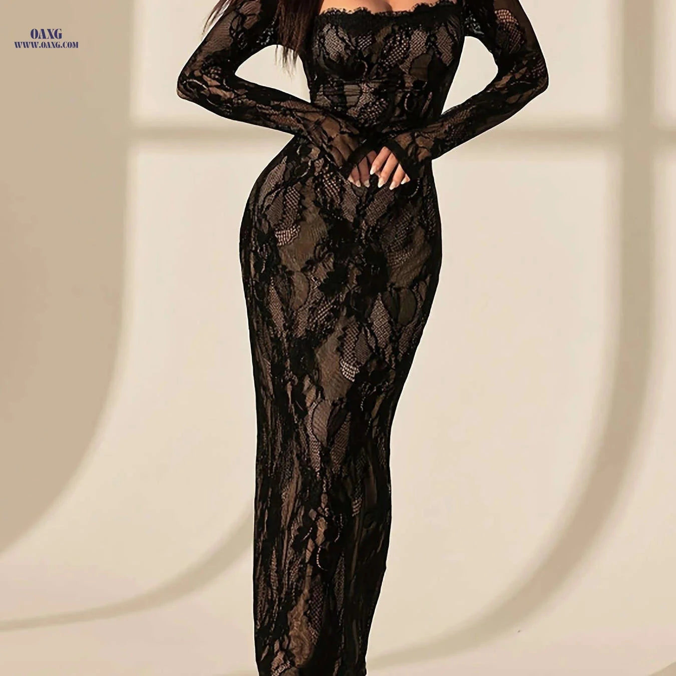 Women's Elegant Square-Neck Bodycon Lace Dress for Formal Events   OAXG 