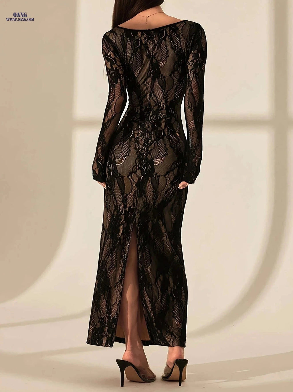 Women's Elegant Square-Neck Bodycon Lace Dress for Formal Events   OAXG Black / S