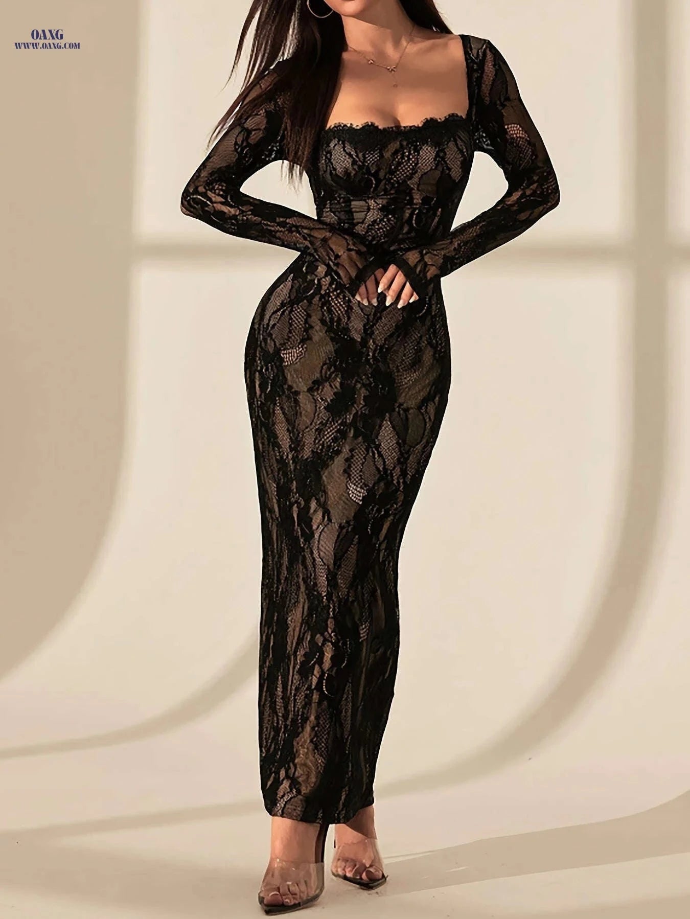 Women's Elegant Square-Neck Bodycon Lace Dress for Formal Events   OAXG Black / S