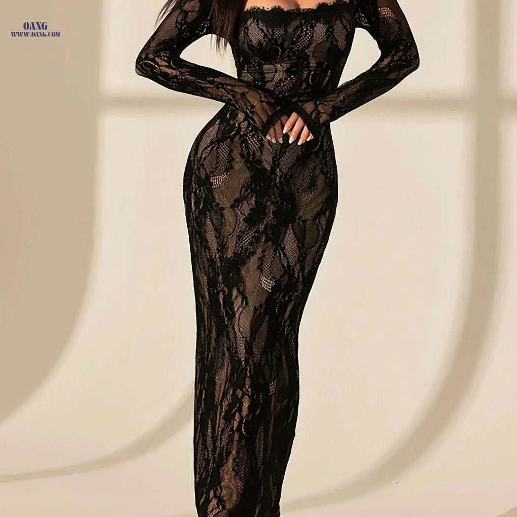 Women's Elegant Square-Neck Bodycon Lace Dress for Formal Events   OAXG Black / S