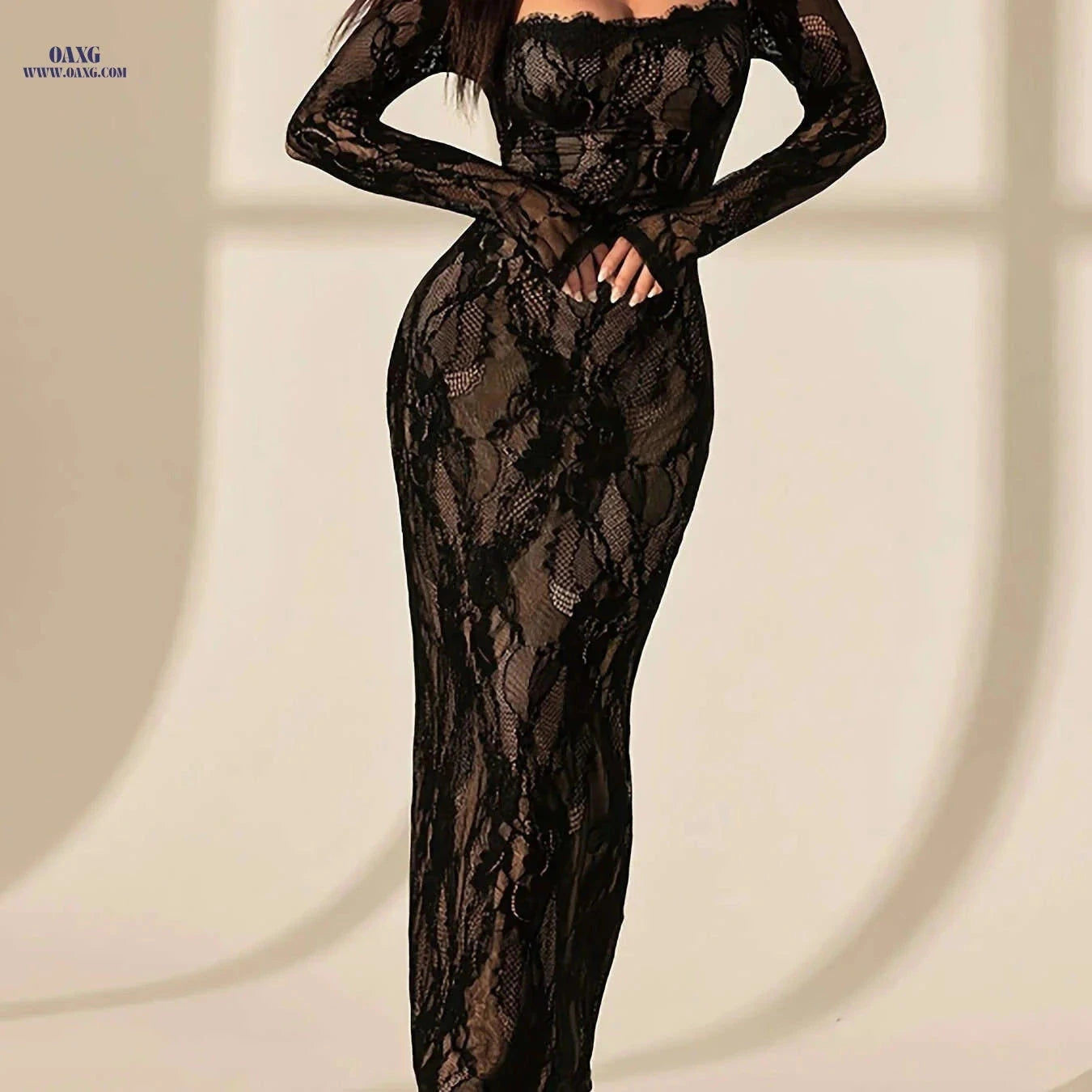 Women's Elegant Square-Neck Bodycon Lace Dress for Formal Events   OAXG Black / S