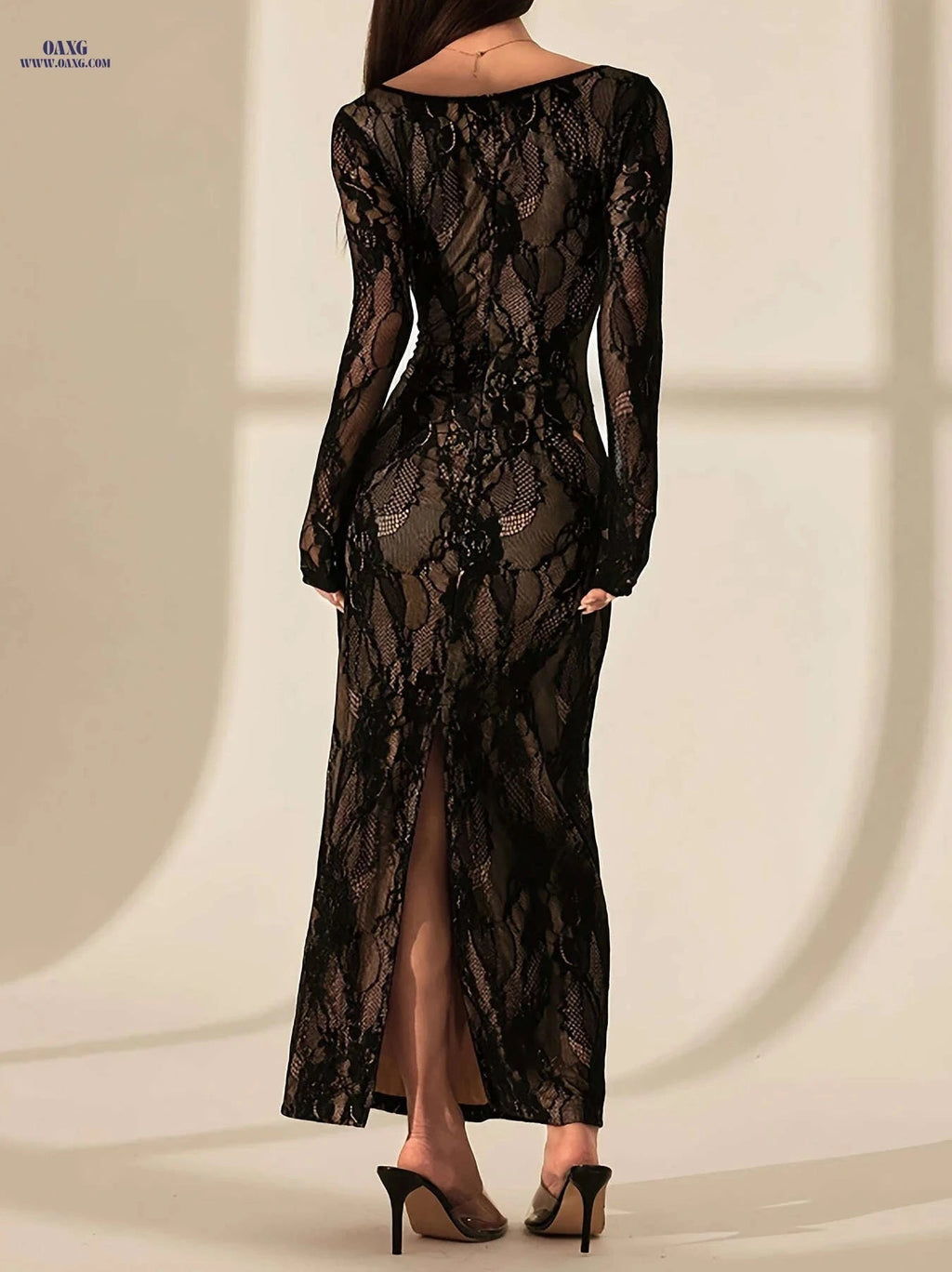 Women's Elegant Square-Neck Bodycon Lace Dress for Formal Events   OAXG 