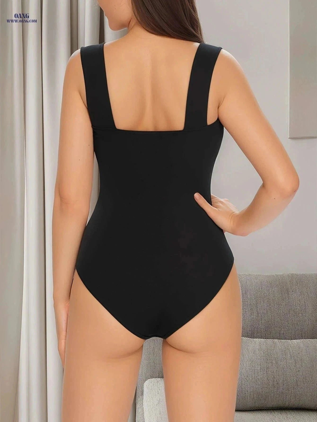 Women's Elegant Square Neck Bodysuit - Backless, Lightweight, Sleeveless   OAXG White / XS