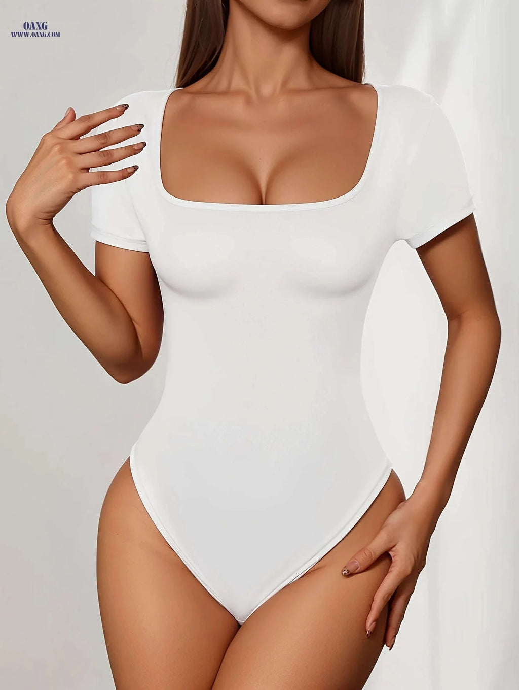 Women's Elegant Square Neck Bodysuit - Slim Fit, Vibrant Red Top   OAXG 
