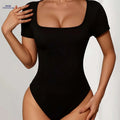Women's Elegant Square Neck Bodysuit - Slim Fit, Vibrant Red Top   OAXG 