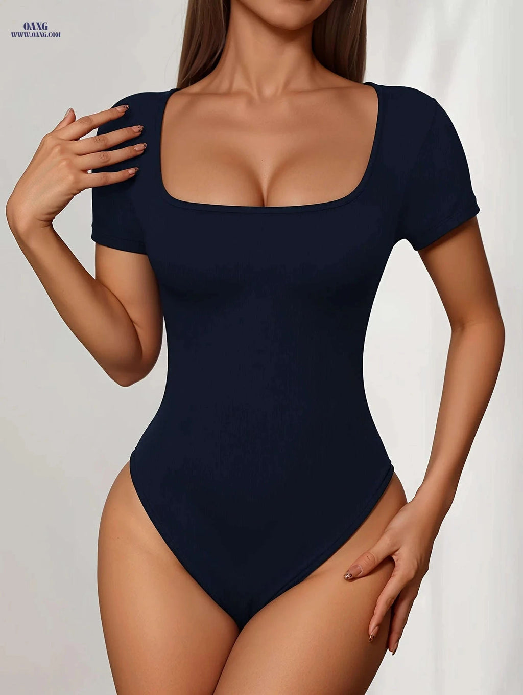 Women's Elegant Square Neck Bodysuit - Slim Fit, Vibrant Red Top   OAXG 
