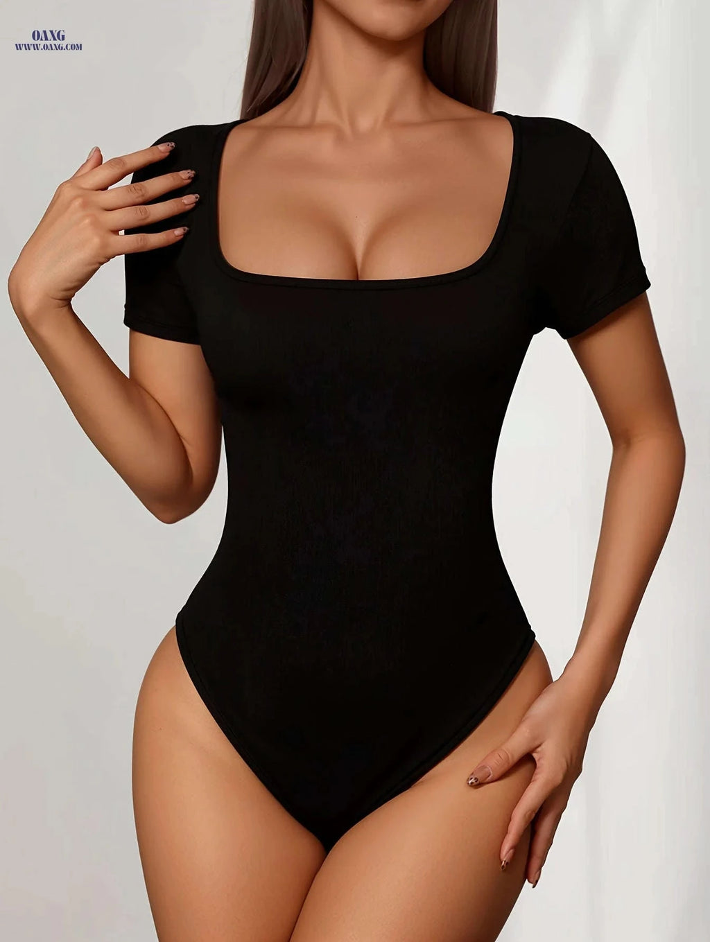 Women's Elegant Square Neck Bodysuit - Slim Fit, Vibrant Red Top   OAXG 
