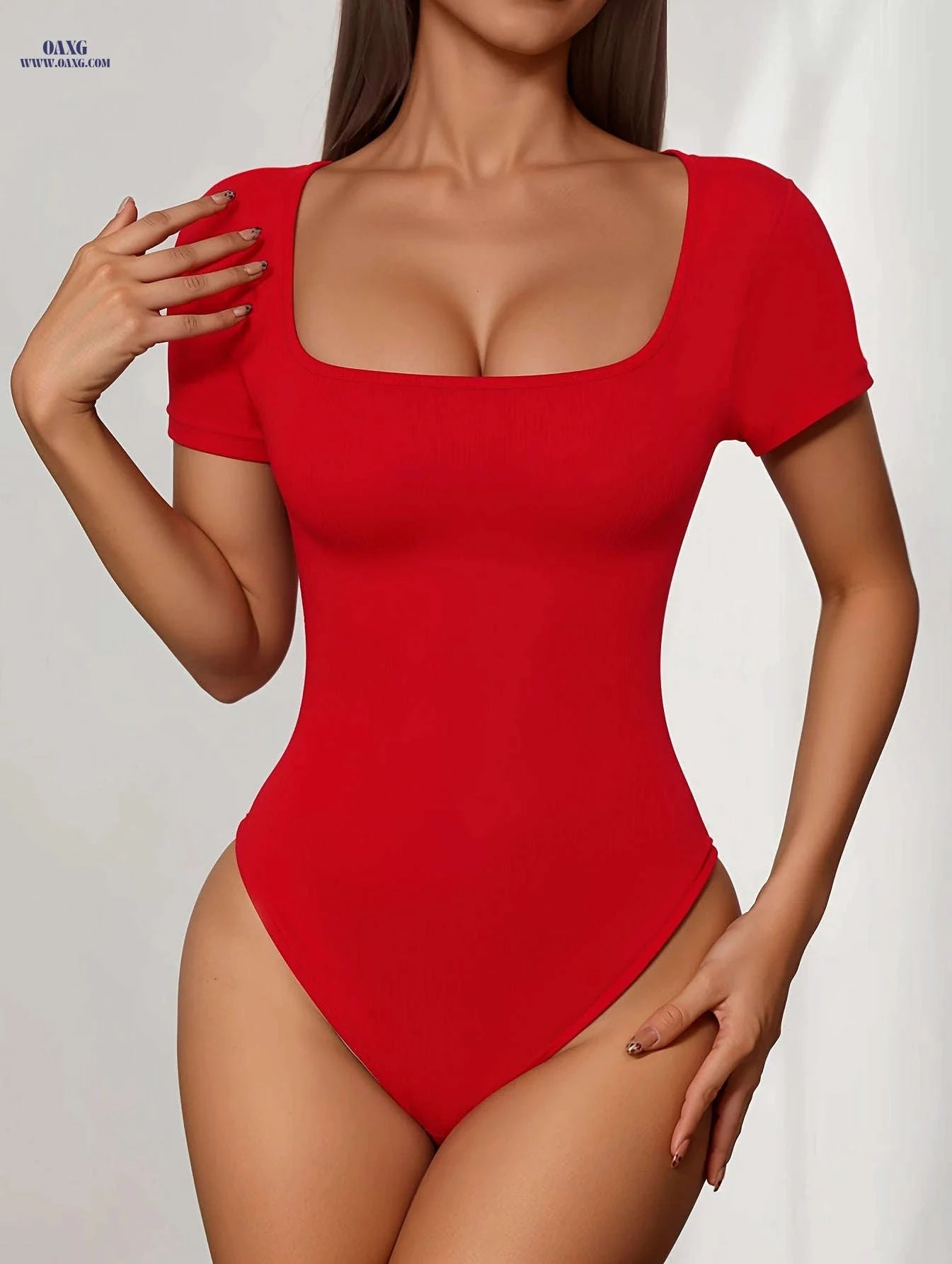 Women's Elegant Square Neck Bodysuit - Slim Fit, Vibrant Red Top   OAXG 