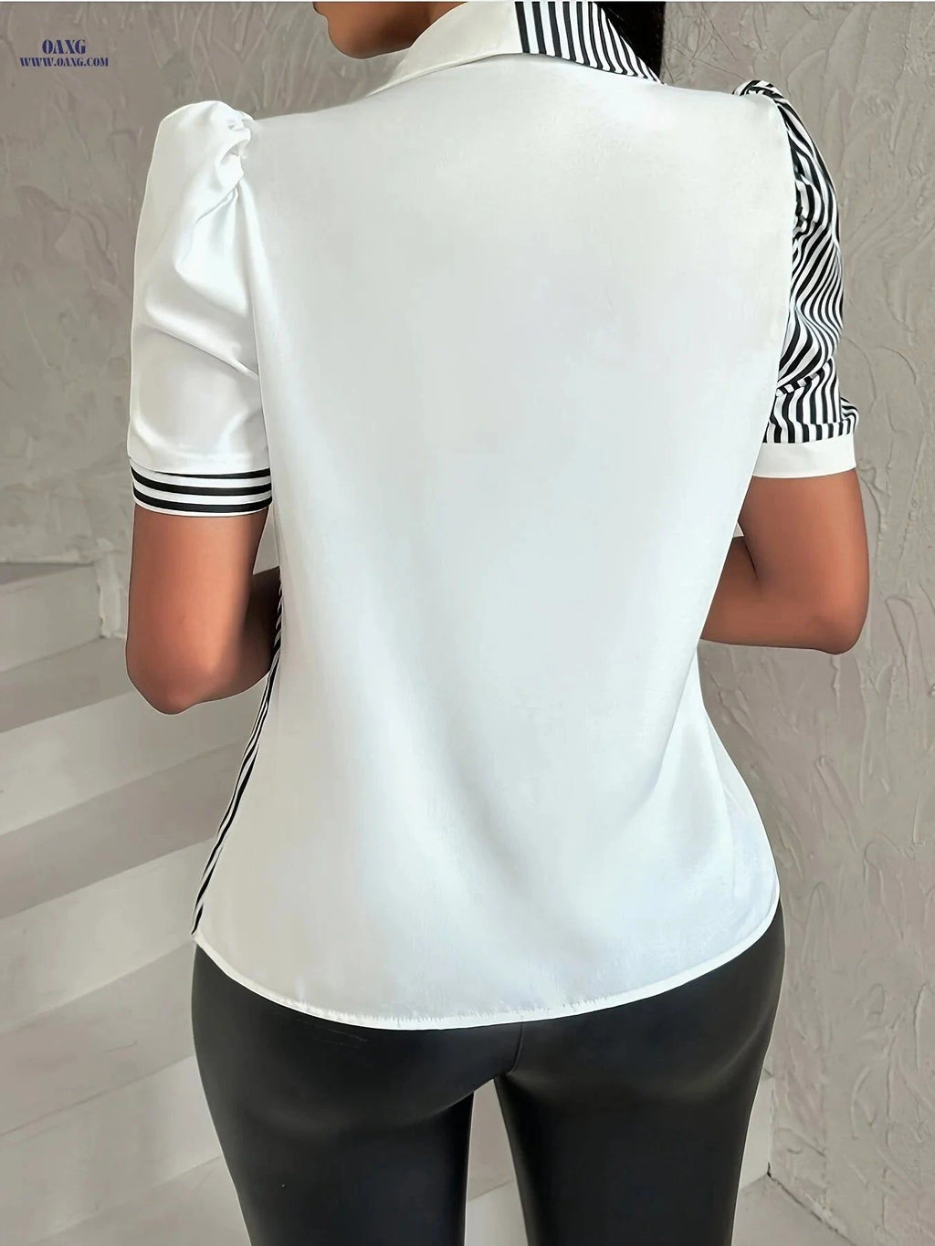 Women's Elegant Striped Color Block Shirt - Lightweight with Puff Sleeves   OAXG Mixed colors / S