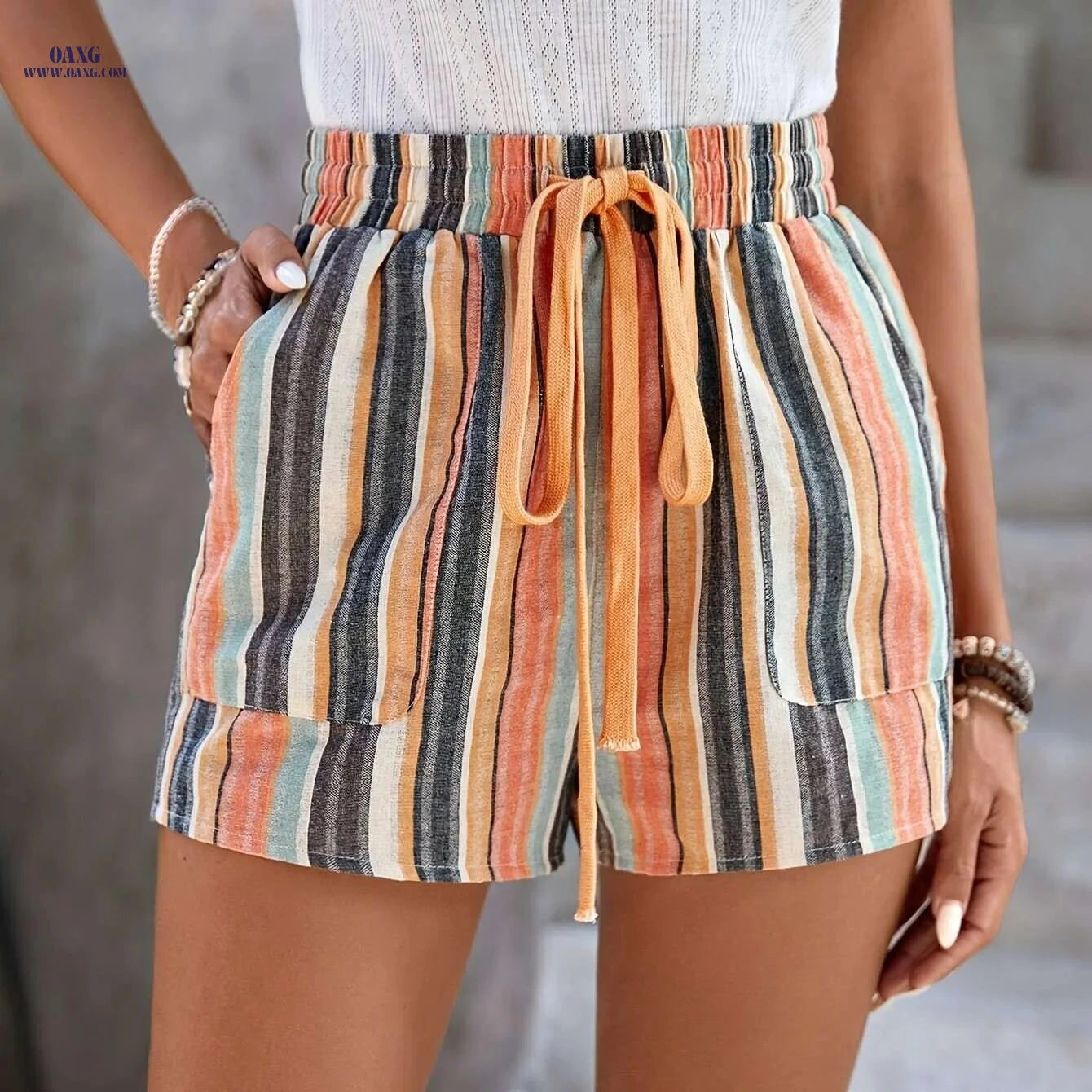 Women's Elegant Striped Drawstring Shorts - Lightweight & Machine Washable   OAXG 