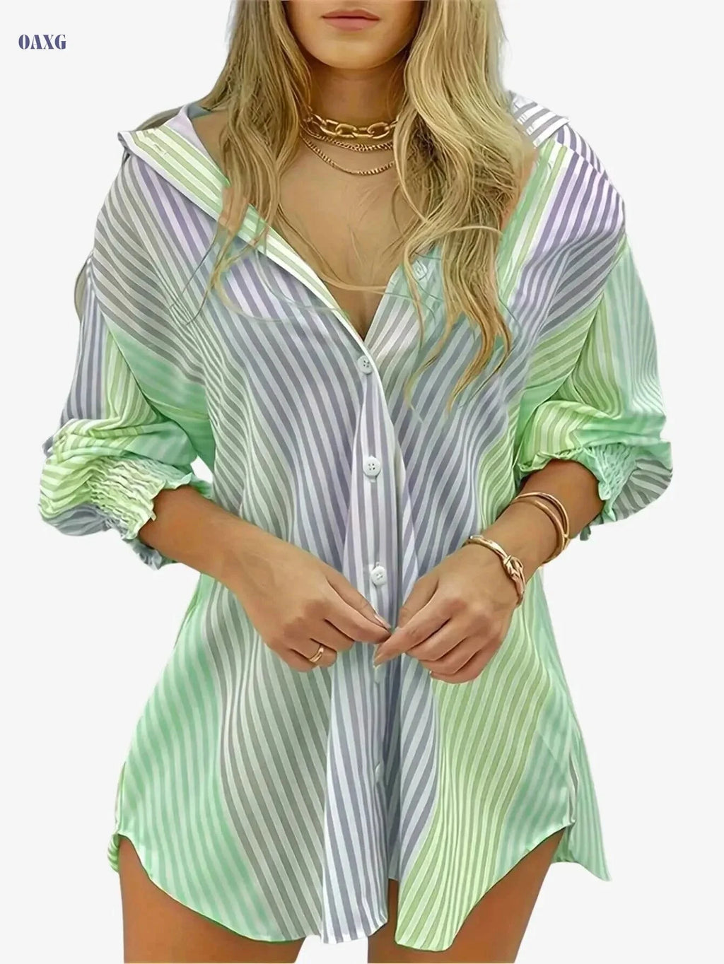 Women's Elegant Striped V-Neck Blouse - Blue & White, Machine Washable   OAXG 