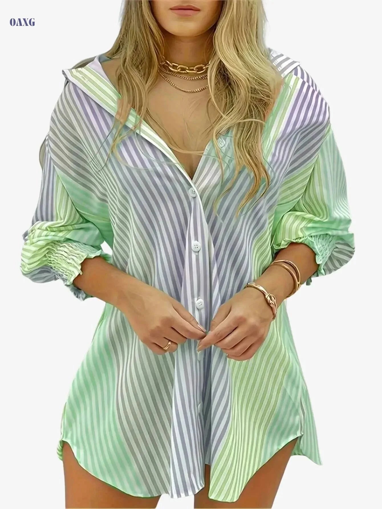 Women's Elegant Striped V-Neck Blouse - Blue & White, Machine Washable   OAXG 