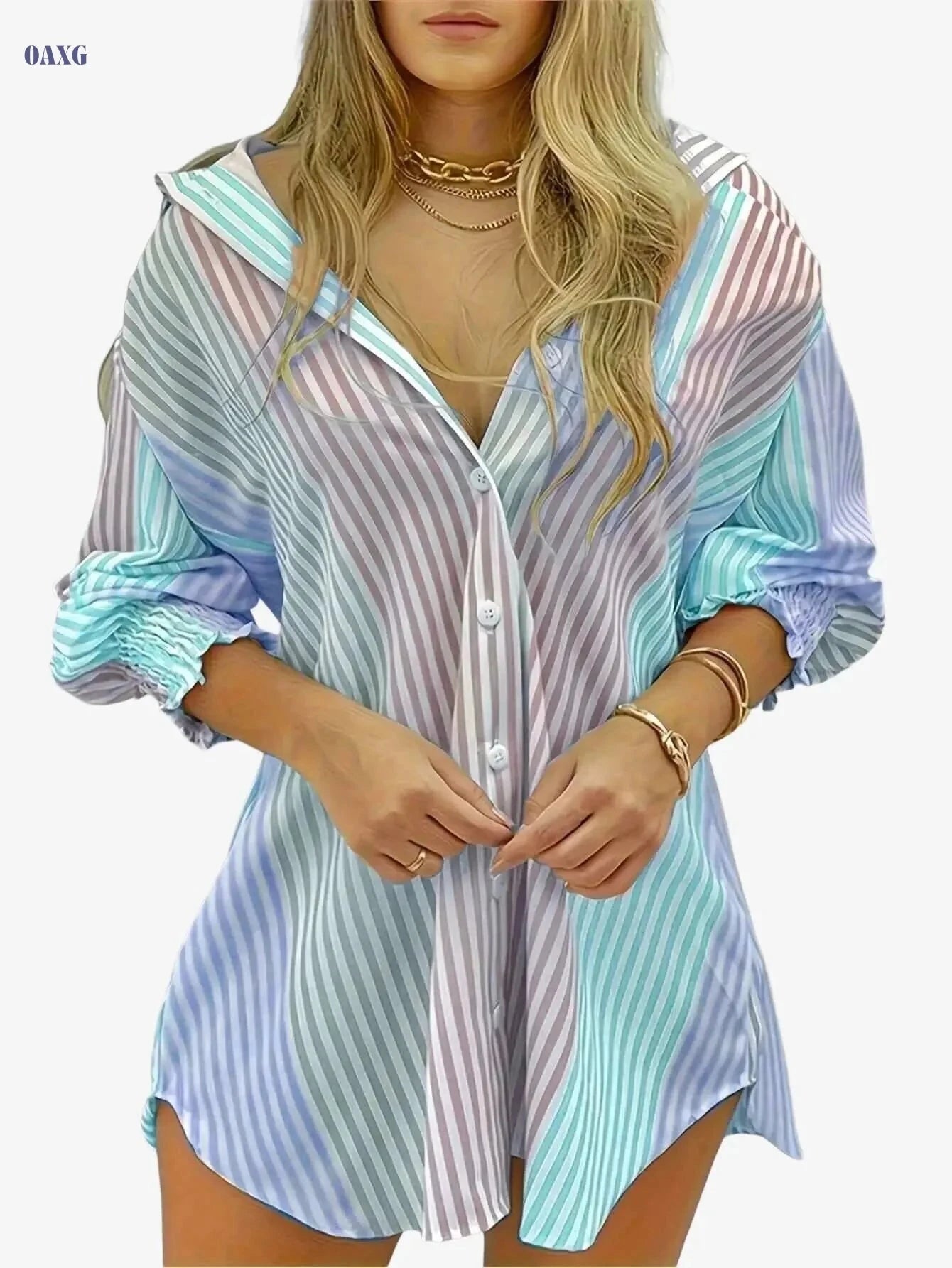 Women's Elegant Striped V-Neck Blouse - Blue & White, Machine Washable   OAXG 