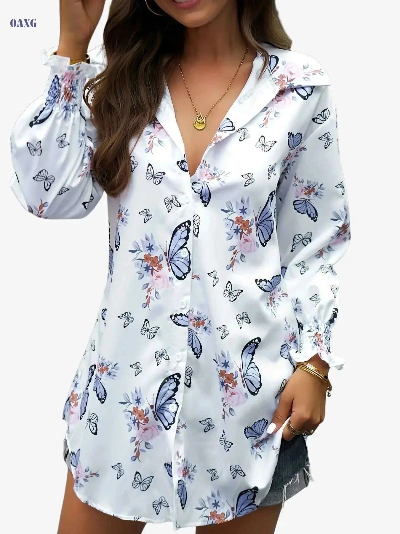 Women's Elegant Striped V-Neck Blouse - Blue & White, Machine Washable   OAXG 