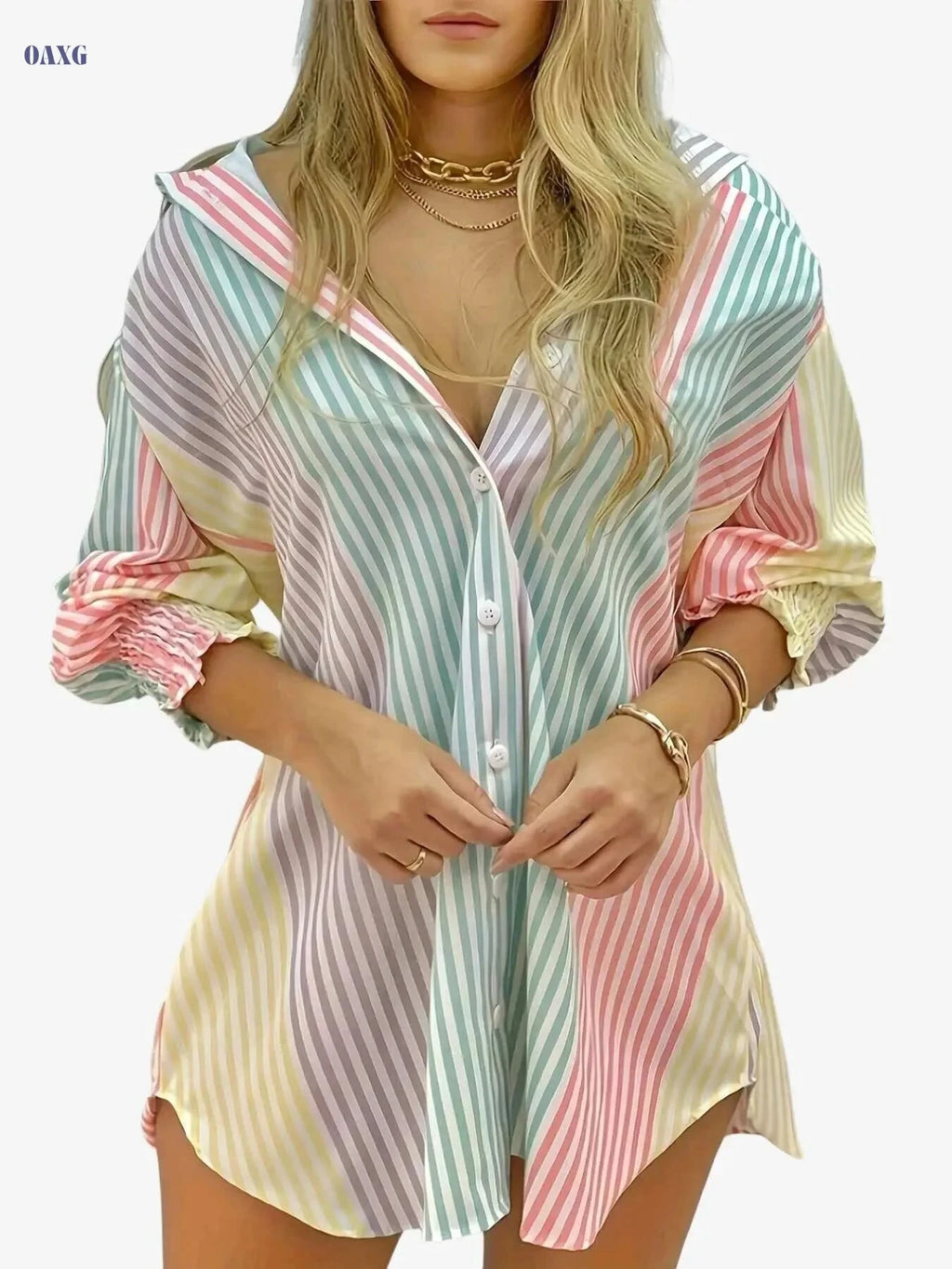 Women's Elegant Striped V-Neck Blouse - Blue & White, Machine Washable   OAXG Multicolor / S