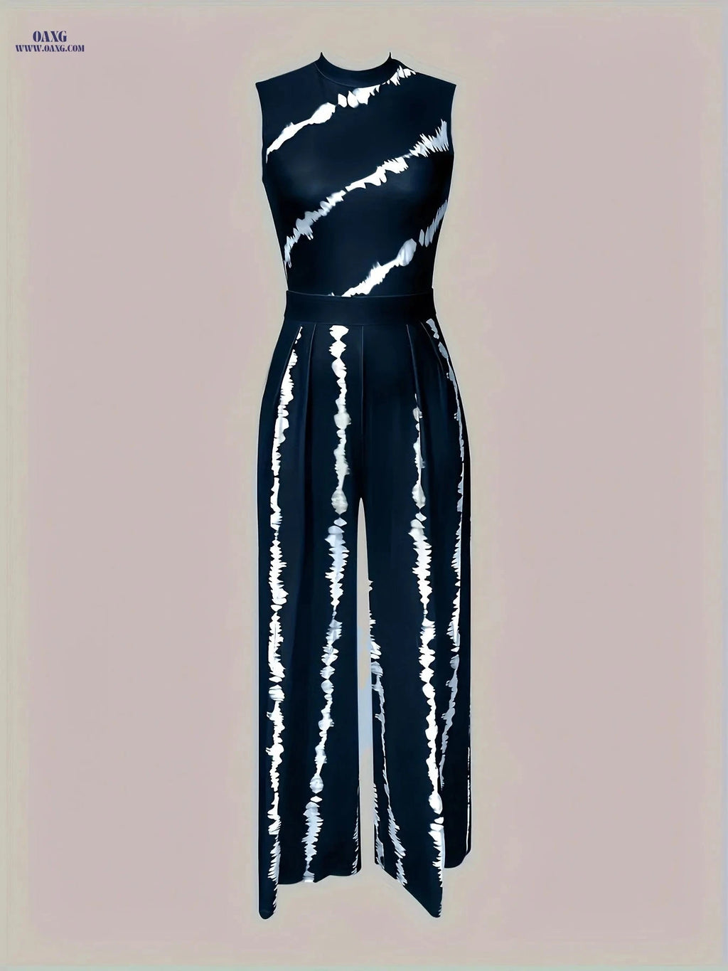 Women's Elegant Tie-Dye Wide-Leg Jumpsuit - Navy Blue, All-Season Style   OAXG Black / S