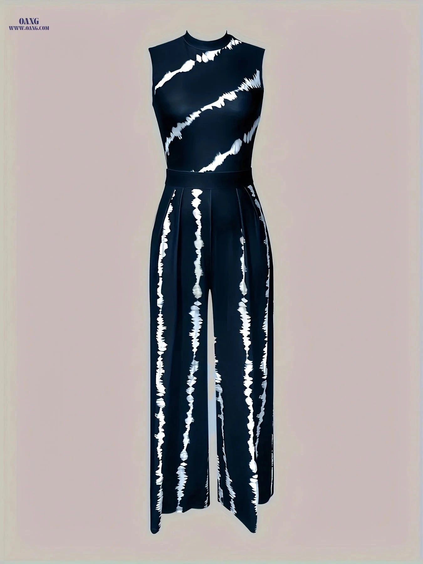 Women's Elegant Tie-Dye Wide-Leg Jumpsuit - Navy Blue, All-Season Style   OAXG Black / S