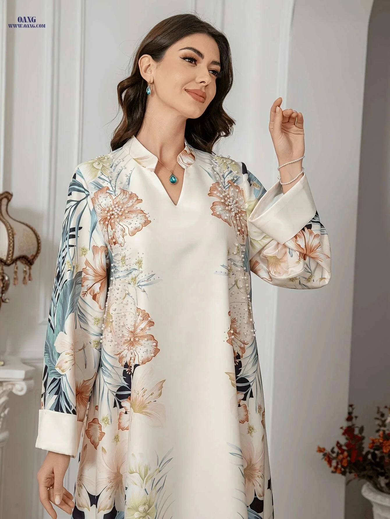 Women's Elegant Turquoise Jellabiya - Long Sleeve Floral Dress   OAXG Apricot / S