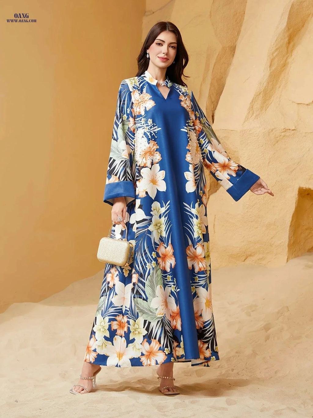 Women's Elegant Turquoise Jellabiya - Long Sleeve Floral Dress   OAXG Apricot / S