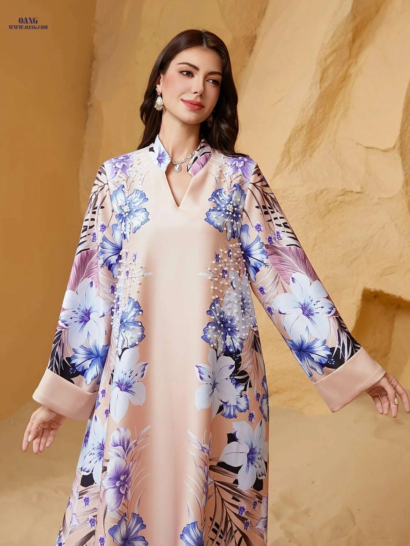 Women's Elegant Turquoise Jellabiya - Long Sleeve Floral Dress   OAXG Apricot / S