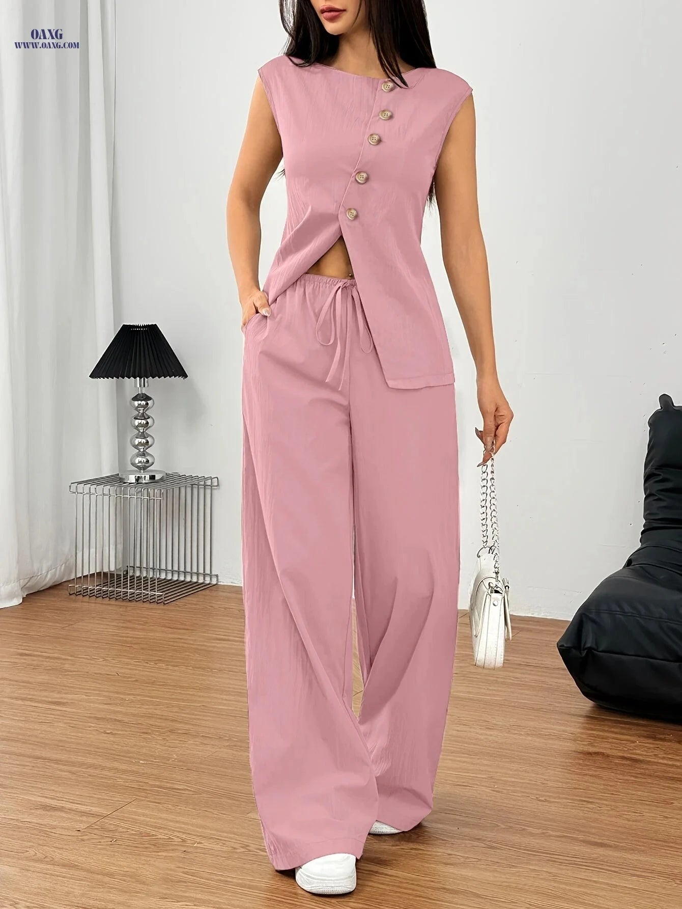 Women's Elegant Urban Commuter Set - Sleeveless Vest & Wide Leg Pants   OAXG 
